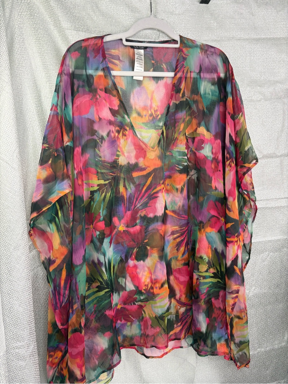 Lauren Ralph Lauren Black Label Colorful Floral Sheer V-Neck Kimono Cover-Up OS